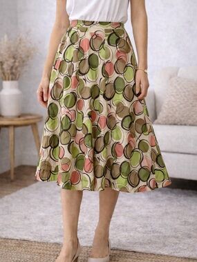 Allison Taylor A-Line Midi Skirt in Olive, Blush & Tan Circle Print size 6